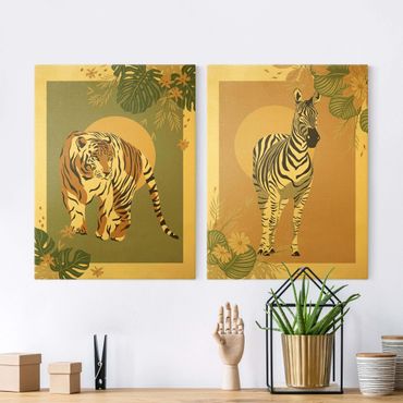 Leinwandbild 2-teilig - Safari Tiere - Zebra und Tiger vor Sonne