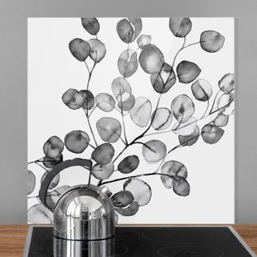 Spritzschutz Glas - Schwarz Weiß Aquarell Eukalyptuszweig - Quadrat 1:1