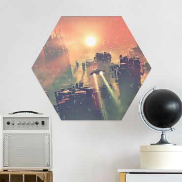 Hexagon-Forexbild - Sci-Fi Raumschiffe im Sonnenaufgang