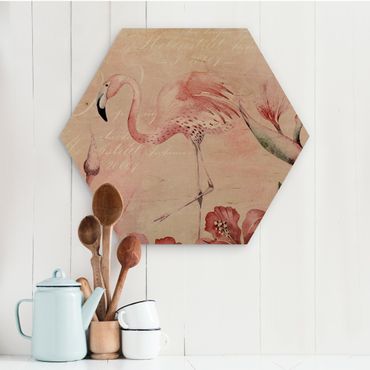 Hexagon-Holzbild - Shabby Chic Collage - Flamingo