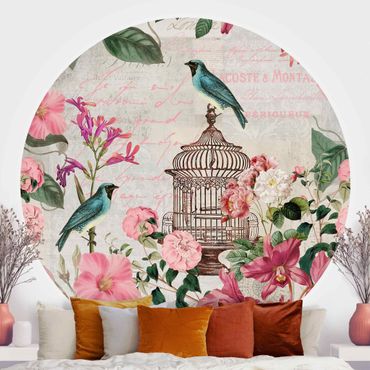 Runde Tapete selbstklebend - Shabby Chic Collage - Rosa Blüten und blaue Vögel
