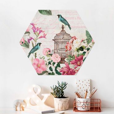 Hexagon-Forexbild - Shabby Chic Collage - Rosa Blüten und blaue Vögel