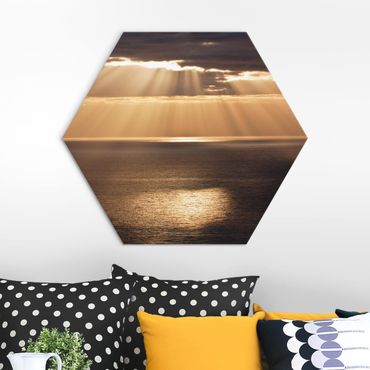 Hexagon-Alu-Dibond Bild - Sonnenstrahlen über dem Meer
