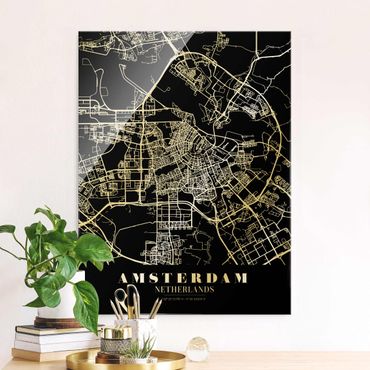 Glasbild - Stadtplan Amsterdam - Klassik Schwarz - Hochformat 3:4