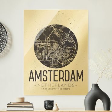 Glasbild - Stadtplan Amsterdam - Retro - Hochformat 4:3