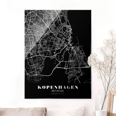 Glasbild - Stadtplan Kopenhagen - Klassik Schwarz - Hochformat 3:4
