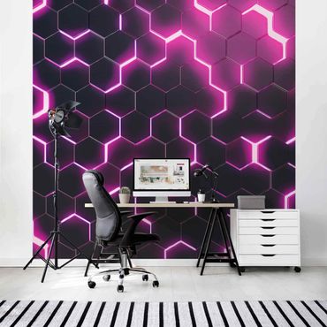 Fototapete - Strukturierte Hexagone mit Neonlicht in Pink