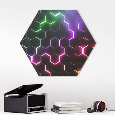 Hexagon-Alu-Dibond Bild - Strukturierte Hexagone mit Neonlicht