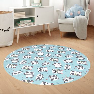 Runder Vinyl-Teppich - Süße Pandabären mit Tapsen und Herzen Pastellblau