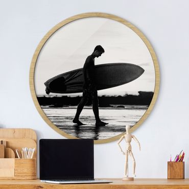 Rundes Gerahmtes Bild - Surferboy im Schattenprofil