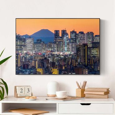 Akustik-Wechselbild mit Spannrahmen - Tokio mit dem Fuji am Abend
