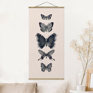 Stoffbild mit Posterleisten - Tusche Schmetterlinge auf Beige - Hochformat 1:2