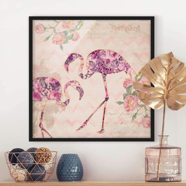 Bild mit Rahmen - Vintage Collage - Rosa Blüten Flamingos - Quadrat 1:1