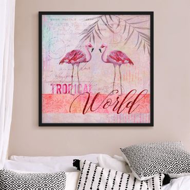 Bild mit Rahmen - Vintage Collage - Tropical World Flamingos - Quadrat 1:1
