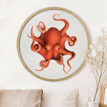 Rundes Gerahmtes Bild - Vintage Illustration Roter Oktopus