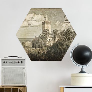 Hexagon-Forexbild - Vintage Postkarte mit Leuchtturm und Palmen