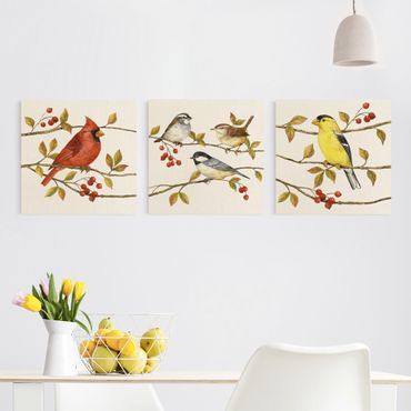 3-teiliges Leinwandbild - Vögel und Beeren Set