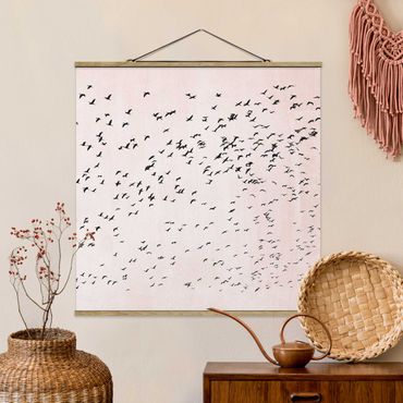 Stoffbild mit Posterleisten - Vogelschwarm im Sonnenuntergang - Quadrat 1:1