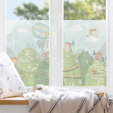 Fensterfolie - Sichtschutz - Wald mit Häusern und Tieren - Fensterbilder
