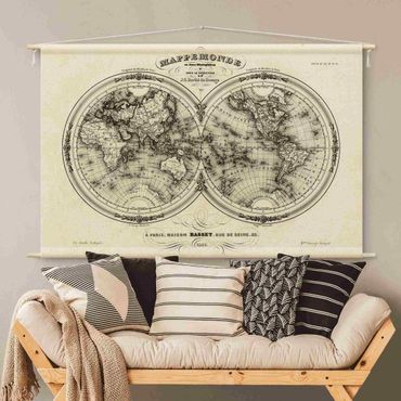 Wandteppich - Weltkarte - Französische Karte der Hemissphären von 1848 - Hochformat 3:2