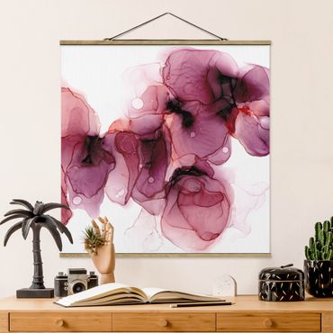 Stoffbild mit Posterleisten - Wilde Blüten in Violett und Gold - Quadrat 1:1