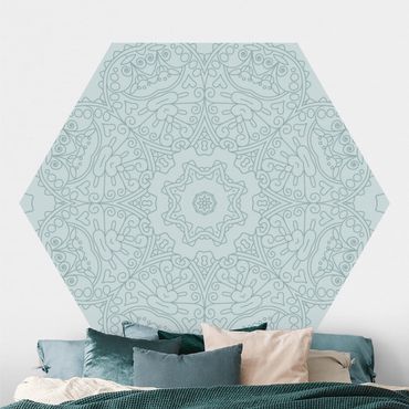 Hexagon Mustertapete selbstklebend - Zackige Mandalablume mit Stern in Türkis