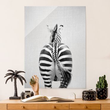 Glasbild - Zebra von hinten Schwarz Weiß - Hochformat