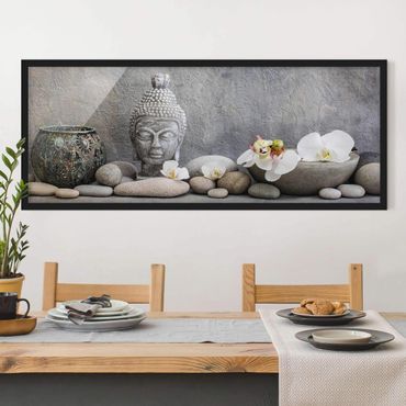 Bild mit Rahmen - Zen Buddha mit weißen Orchideen - Panorama 3:1