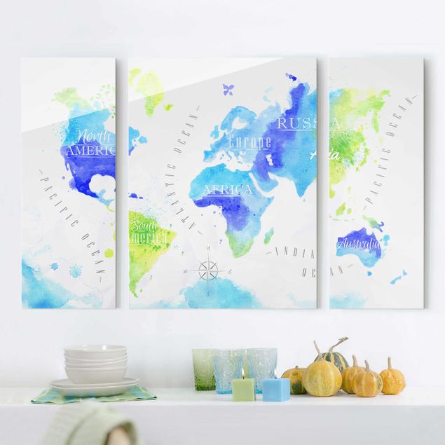 Wanddeko blau Weltkarte Aquarell blau grün