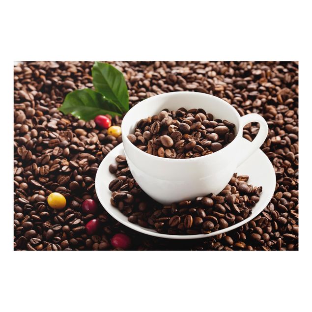 Spritzschutz Glas - Kaffeetasse mit gerösteten Kaffeebohnen - Querformat - 3:2