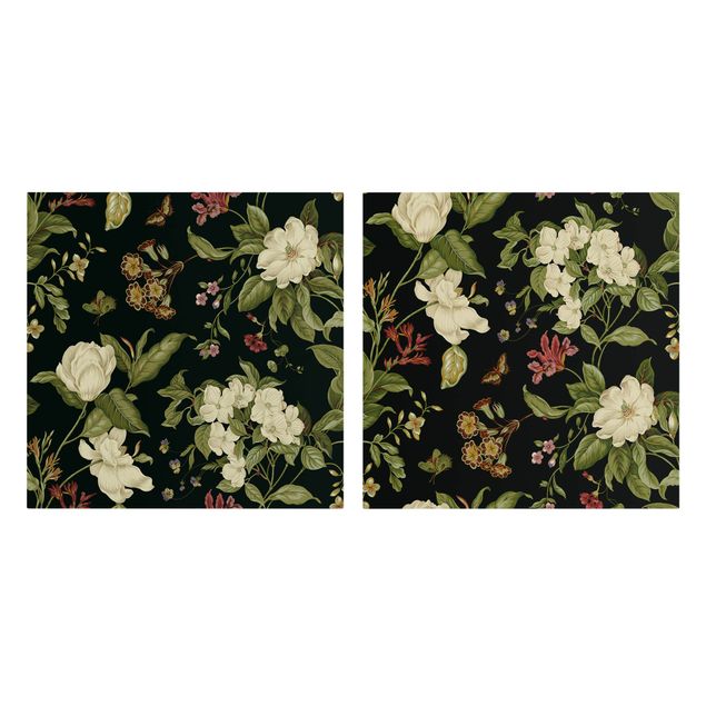 Wanddeko Esszimmer Gartenblumen auf Schwarz Set I