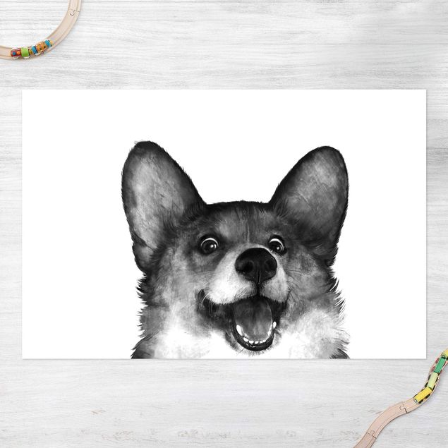 Wanddeko schwarz-weiß Illustration Hund Corgi Weiß Schwarz Malerei