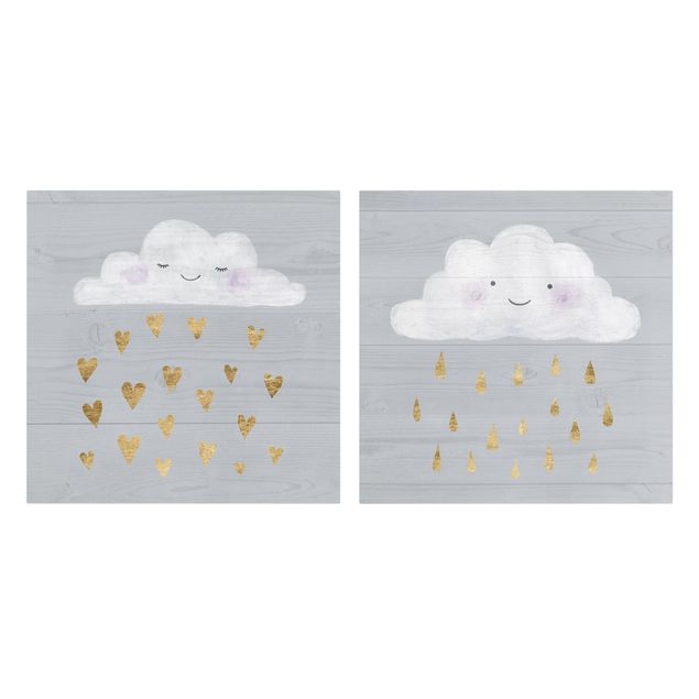 Wanddeko Jungenzimmer Wolken mit goldenen Herzen und Tropfen Set I