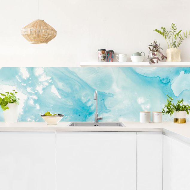 Wanddeko Küche Emulsion in weiß und türkis I