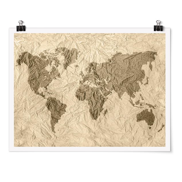 Wanddeko Esszimmer Papier Weltkarte Beige Braun