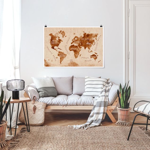 Wanddeko Schlafzimmer Weltkarte Aquarell beige braun