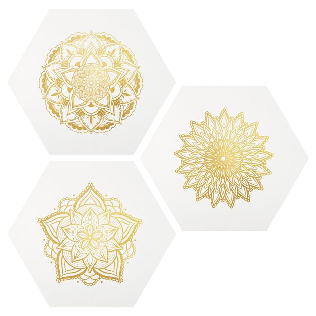 Wanddeko Esszimmer Mandala Blüte Sonne Illustration Set Gold