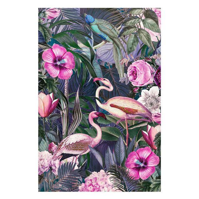 Wanddeko Flur Bunte Collage - Pinke Flamingos im Dschungel