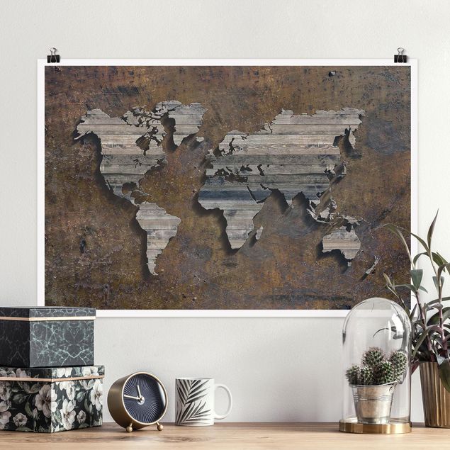 Wanddeko braun Holz Rost Weltkarte