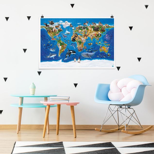 Wanddeko bunt Weltkarte mit Tieren