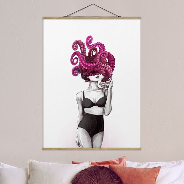 Wanddeko Wohnzimmer Illustration Frau in Unterwäsche Schwarz Weiß Oktopus