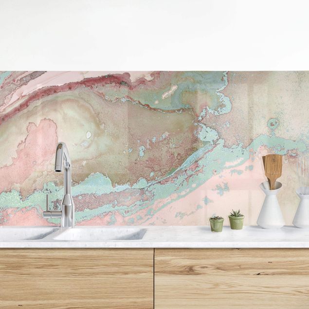 Wanddeko Küche Farbexperimente Marmor Rose und Türkis