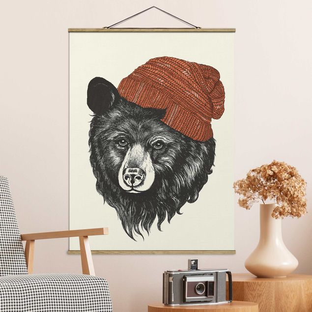 Wandbilder Bären Illustration Bär mit roter Mütze Zeichnung