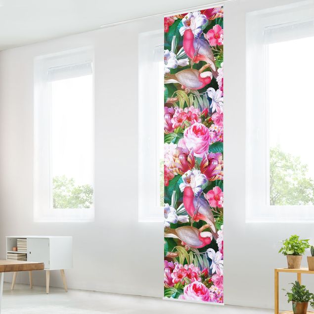 Wanddeko bunt Bunte Tropische Blumen mit Vögeln Pink