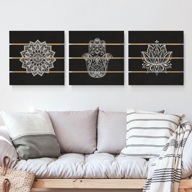 Wanddeko Schlafzimmer Mandala Hamsa Hand Lotus Set auf Schwarz