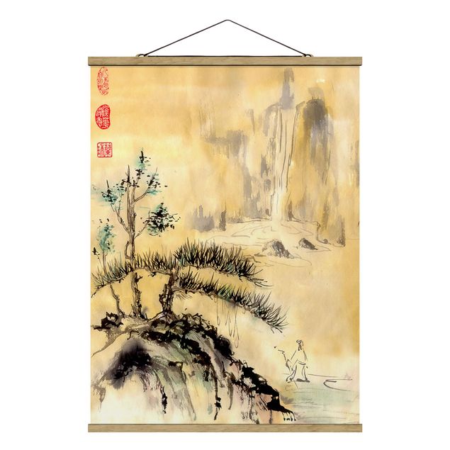 Wanddeko Flur Japanische Aquarell Zeichnung Zedern und Berge