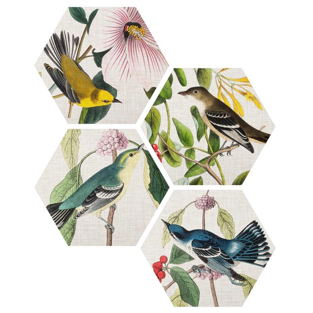 Wanddeko Blume Vögel auf Leinen Set II