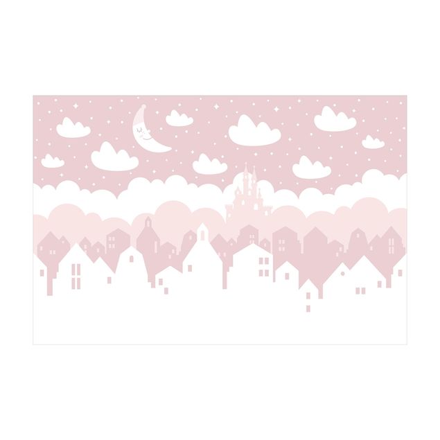 Wanddeko Balkon Sternenhimmel mit Häusern und Mond in rosa
