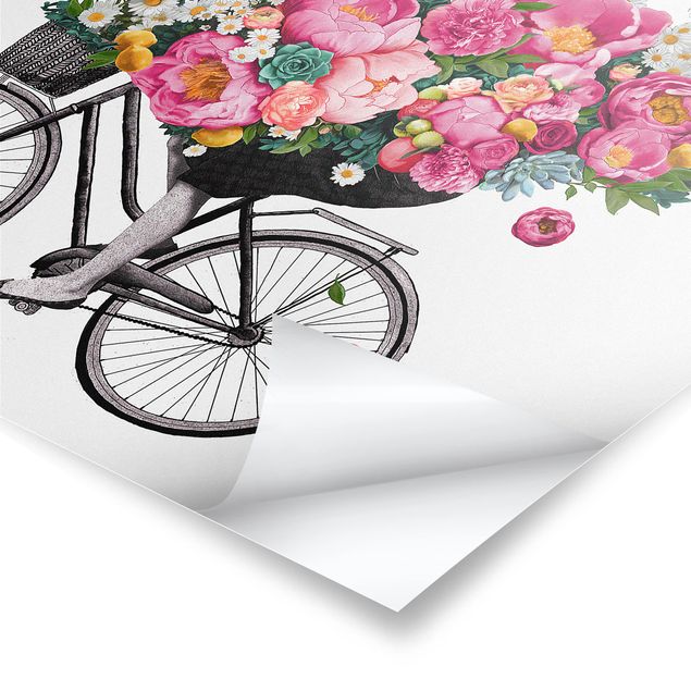 Wanddeko rosa Illustration Frau auf Fahrrad Collage bunte Blumen