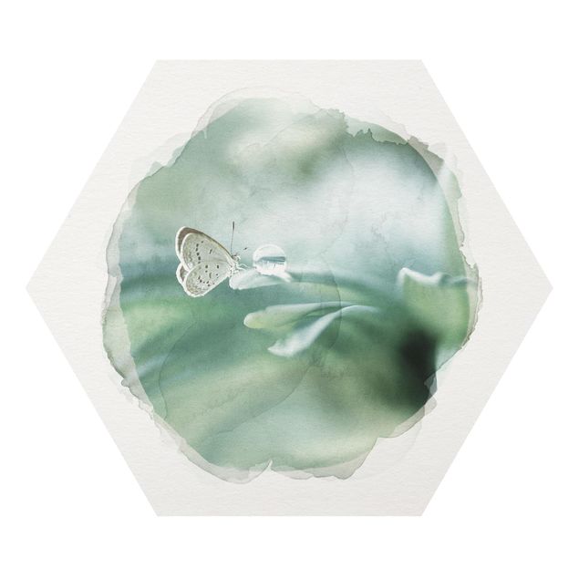 Wanddeko Esszimmer Wasserfarben - Schmetterling und Tautropfen in Pastellgrün